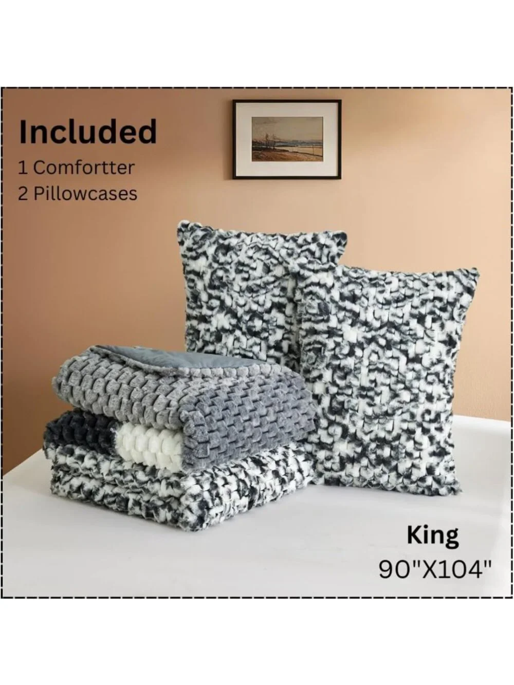 Cozy Black & White Striped Fluffy King Comforter Set - Ultra-Soft Faux Fur